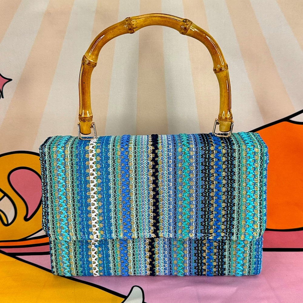 {Haute Hippie} Multicolor Woven Handbag Purse Bamboo Wooden Handle & Chain, NWOT